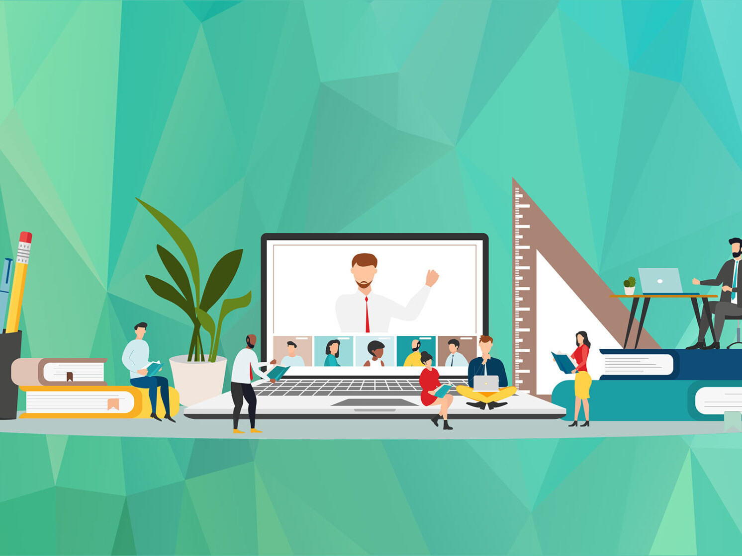 Grafik mit einem Laptop in der Mitte, Büchern und kleinen Personen, die an Studien, Nutzerverhalten und Statistiken aus Social Media und Marketing arbeiten.