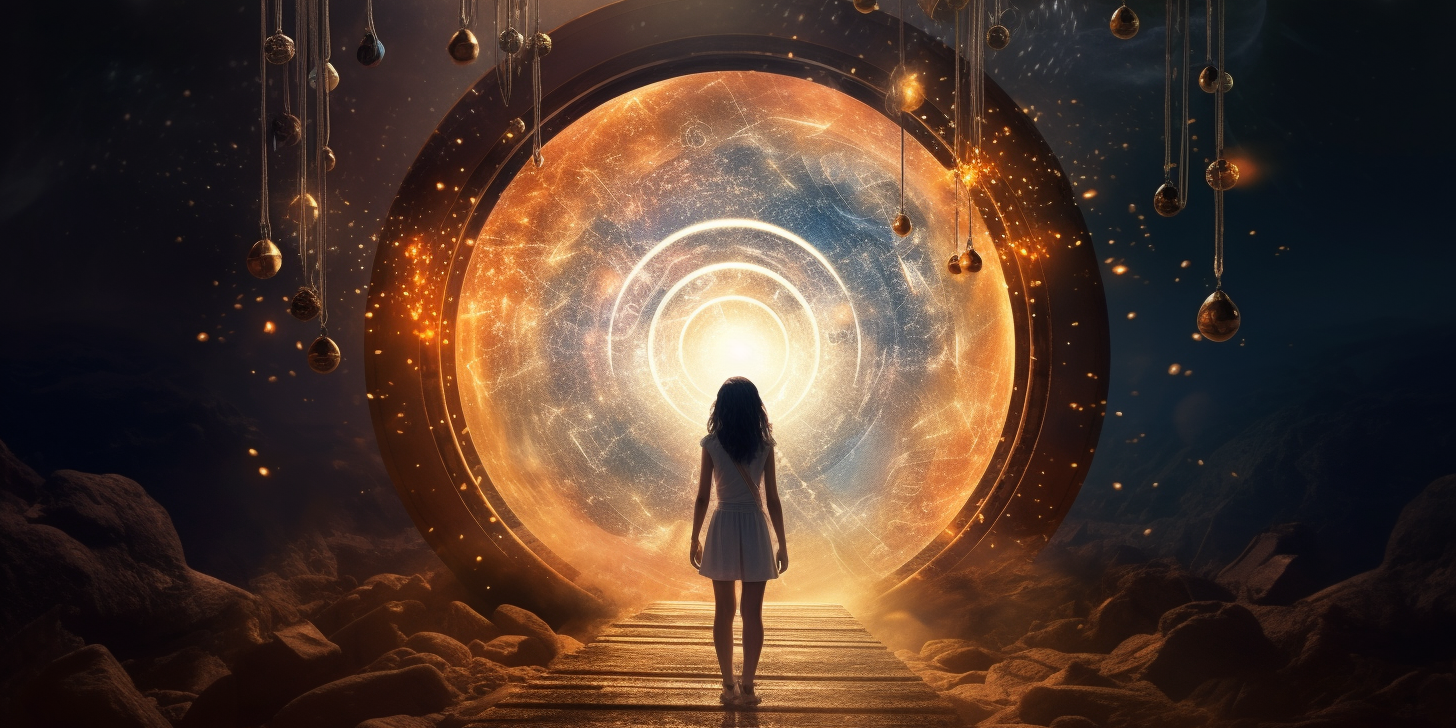 Bild mit KI generiert: Eine junge Frau, die in einem Portal steht, dass eine neue Welt (mit KI) eröffnet.