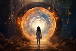 Bild mit KI generiert: Eine junge Frau, die in einem Portal steht, dass eine neue Welt (mit KI) eröffnet.