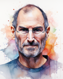 Ein Portrait von Steve Jobs in Wasserfarben. Um seinen Kopf herum sind bunte Sprenkel. Er scheint den Betrachter direkt anzublicken. Erstellt wurde das Bild von infodesignerin Daniela Vey mit Hilfe der KI Midjourney.